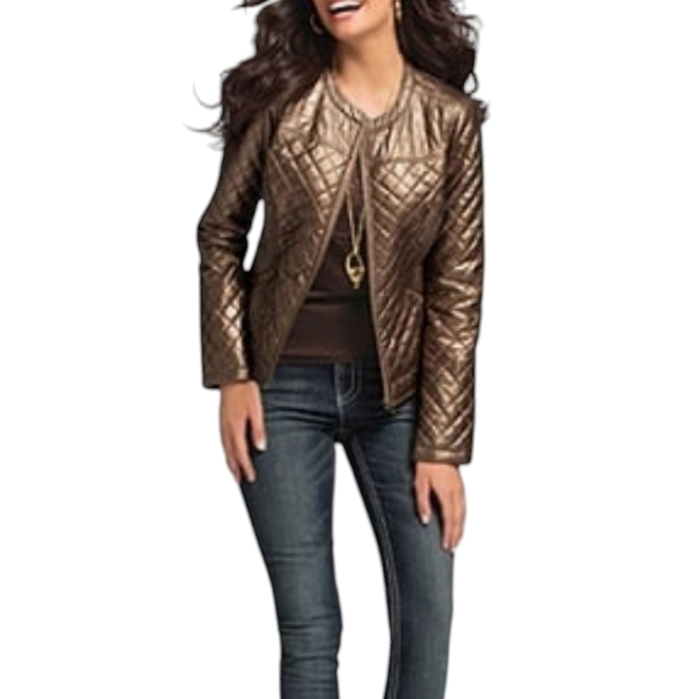 Cato Women’s Metallic Quilted Moto Jacket Cropped Style Size Medium
